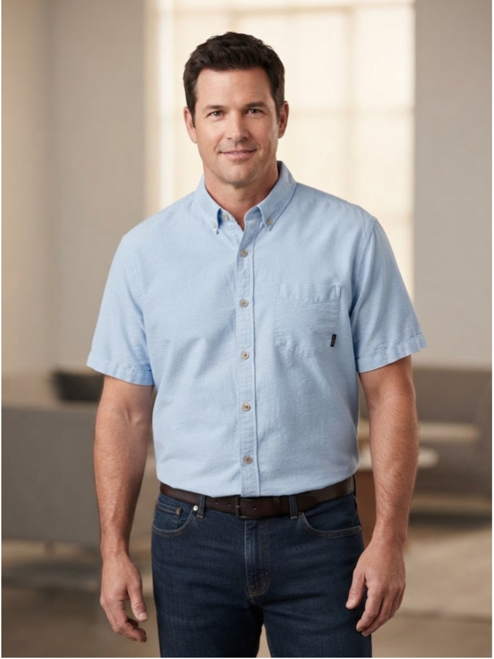 Eddie Bauer cotton shirt short sleeve light wash denim blue color mens size 2XL